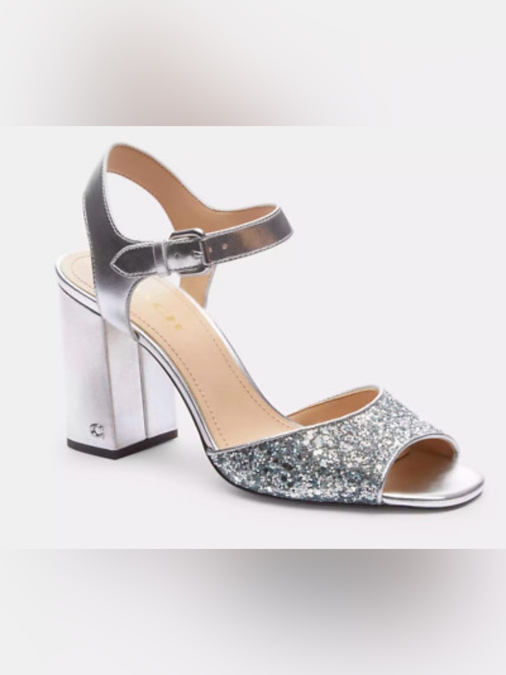 COACH Silver Glitter Block Heel Sandals with Ankle Strap